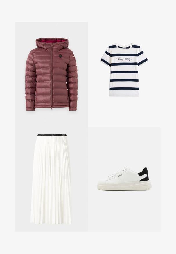 Mauve Pufferjacke mit Reißverschluss, Kapuze und horizontalem Steppdesign. Mit einem Logo-Patch auf der oberen linken Brust und elastischen Bündchen.; Baumwoll-T-Shirt mit horizontalen navy-blauen Streifen auf weißem Hintergrund. "Tommy Hilfiger" in Kursivschrift auf der Brust gestickt. Runder Halsausschnitt.; Faltenrock aus Weiß mit einem schwarzen elastischen Bund, der das "LACOSTE"-Logo trägt. Mittellanges Design mit weicher Textur.; Weiße Leder-Sneaker mit einer dicken weißen Sohle, schwarzem Wildlederakzent an der Ferse und geprägtem Logo an der Seite. Schnürdesign mit sechs Ösen.