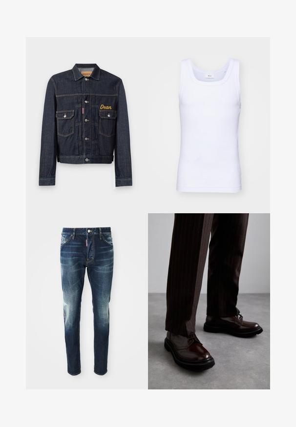 Tamsiai mėlyna džinsinė striukė su klasikiniu dizainu, su geltonu išsiuvinėtu vardu „Dean“, dviem krūtinės kišenėmis ir sidabriniais sagos užsegimais.; Balti medvilninė be rankovių marškinėliai su apvaliu iškirpimu, pasižymintys lygiu tekstūru ir prigludusia forma, skirti kasdieniam dėvėjimui.; Tamsiai mėlynos džinsinės kelnės su siauru sijonu, su išblukusiomis vietomis ant šlaunų ir kelių, penkiais kišenėmis ir metaliniu mygtuko uždarymu.; Rudos odinės bateliai su raišteliais, blizgiu paviršiumi, juoda gumine absorbcija ir subtilia siūle. Dėvimi su rudos spalvos dryžuotomis kelnių.