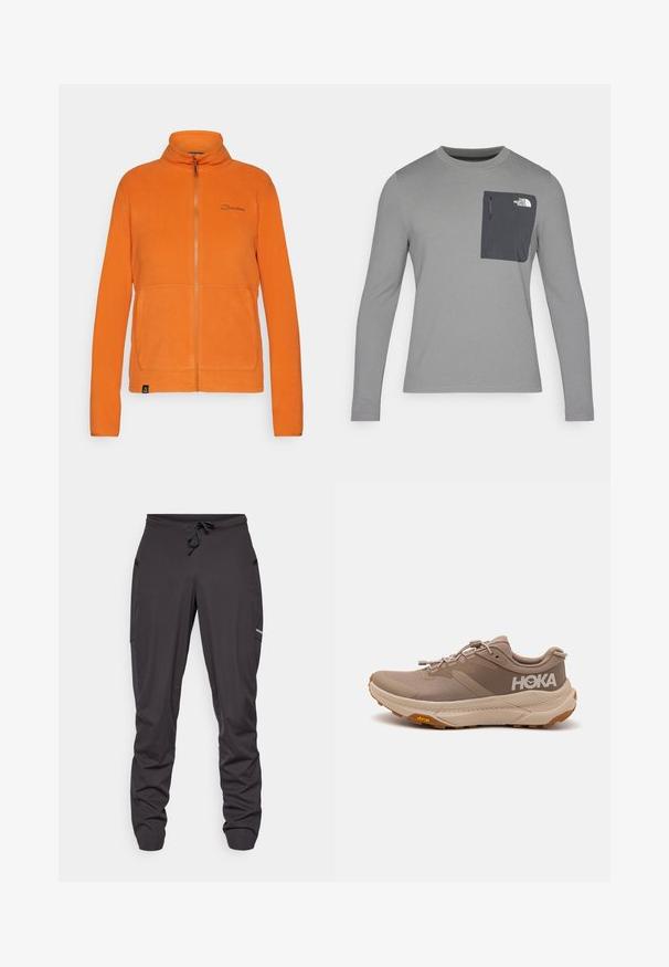 Oranž fliisdžakk kõrge kraega, täispikk lukk ja kaks esikotti. Tootel on vasakul rinnaosale diskreetne brändimine.; Pikacitega hall pikka varrukaga särk, millel on tekstuuriga kangas, tumeda halli rinnataskuga ja tõmblukuga. Taskul valge logo.; Mustad nööriga sportlikud püksid mustas värvuses, küljetaskudega, kergelt kortsus kangas ning väike nähtav logo paremal reiel.; Heledadbeez runningutossid, millel on tekstureeritud pealispind, kummist välistald ja HOKA logo. Omab elastseid nööre ja tugevdatud kontsa stabiilsuse tagamiseks.
