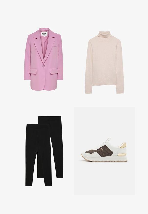 ONLY ONLLANA - Krátky kabát - fuchsia pink; Svetloružový rolák vyrobený z mäkkej pleteniny. Má dlhé rukávy a rebrovaný výstrih a lem. Klasický priliehavý strih.; Čierne legíny vyrobené z elastického materiálu, s bezšvovým pásom a elegantným strihom, vhodné na bežné nosenie alebo cvičenie.; Biele tenisky s hnedým vzorovaným textilným panelom, zlaté kovové detaily, okrúhla špička, šnurovací dizajn a textúrovaná gumová podrážka.