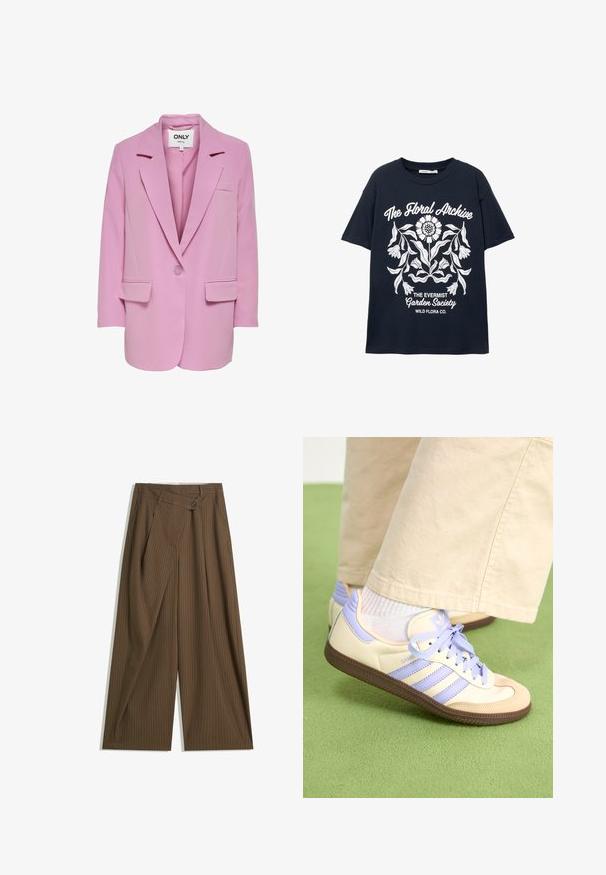 ONLY ONLLANA - Rövid kabát - fuchsia pink; Tengerészeti rövid ujjú póló fehér virágmintával és a következő szövegekkel: "A Virágarchívum", "Az Evermist Kertészeti Társaság" és "Vadvirágok Kft."; Barna, széles lábú nadrág vékony fehér csíkokkal, magas derékkal, elől gombos záródással és átkötős stílusú panellel.; Krém és levendula színű sportcipők három csíkkal és texturált barna talppal, fűzőkkel és párnázott sarokkal. Puha anyagú felsőrész.