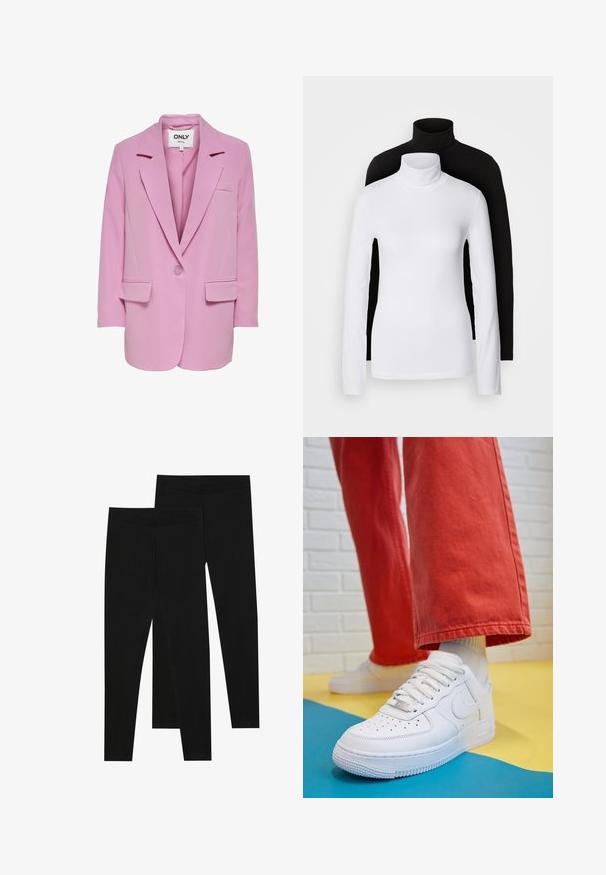 ONLY ONLLANA - Krátky kabát - fuchsia pink; Dvoje dlhých rolákov, jeden biely a jeden čierny, vyrobených z hladkej, elastickej tkaniny, obidva so slim-fit strihom a vysokými goliermi.; Čierne legíny vyrobené z elastického materiálu, s bezšvovým pásom a elegantným strihom, vhodné na bežné nosenie alebo cvičenie.; Biele kožené tenisky s perforovanou špičkou, textúrovanou podrážkou a bielymi šnúrkami, spárované so širokými červenými nohavicami na modrom a žltom pozadí.