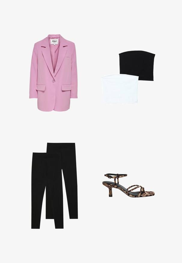 ONLY ONLLANA - Pitkä takki - fuchsia pink; Kaksi saumattomia putkilaineita: yksi musta ja yksi valkoinen. Molemmat on valmistettu pehmeästä, joustavasta kankaasta ja niissä on sileä rakenne ilman kuvioita.; Mustat legginssit, jotka on valmistettu joustavasta kankaasta, joissa on saumaton vyötärö ja kapea malli, sopivat arkikäyttöön tai liikuntaan.; Naiskahva leopardikuosiset korkokengät, joissa on neliönmuotoinen kärki, useita remmejä ja keskipitkä korko. Valmistettu pehmeästä tekstiilimateriaalista.