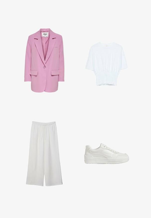ONLY ONLLANA - Cappotto corto - fuchsia pink; T-shirt bianco a maniche corte con una vestibilità rilassata e una texture smock in vita. Realizzato in tessuto morbido e leggero.; Pantaloni bianchi a gamba larga realizzati in tessuto leggero, dotati di una vita elastica e di un cordino per una vestibilità regolabile. Texture liscia.; Sneakers bianchi in pelle con texture liscia, caviglia imbottita e punta perforata. Presentano una suola in gomma leggermente sollevata e un design con lacci.
