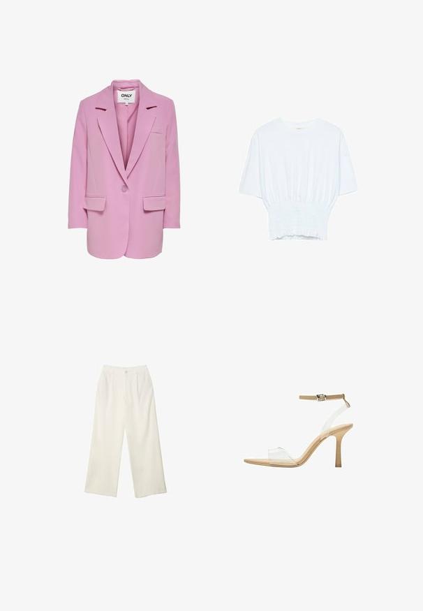 ONLY ONLLANA - Cappotto corto - fuchsia pink; T-shirt bianco a maniche corte con una vestibilità rilassata e una texture smock in vita. Realizzato in tessuto morbido e leggero.; Pantaloni a gamba larga in tessuto crema con una texture liscia, caratterizzati da un singolo bottone frontale, pieghe sottili e un design a vita alta.; Sandal con tacco trasparente e parte superiore trasparente, plantare beige e una sottile cinghia alla caviglia. Presenta una punta appuntita e un tacco alto e sottile.