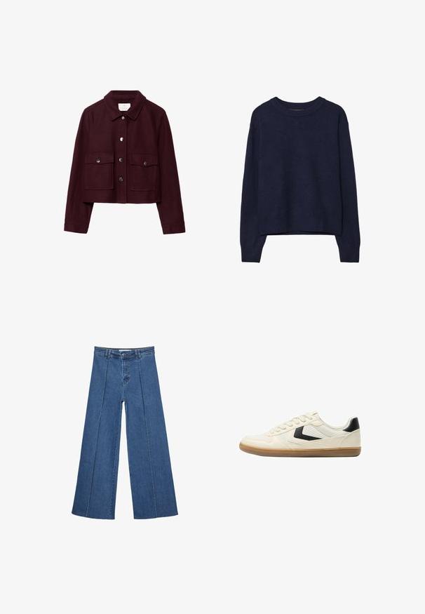 Burgundy cropped jacket made of wool, featuring a pointed collar, two front pockets, and silver snap buttons on the placket.; Navy blue knitted sweater, soft texture, round neckline, dropped shoulders, cropped length, ribbed cuffs and hem.; Wide-leg denim jeans in medium blue, featuring a high waist, button closure, and contrasting vertical seam details along the front.; Bershka Trainers - white