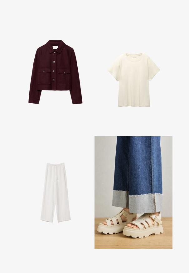 Burgundzka krótka kurtka wykonana z wełny, z wyprofilowanym kołnierzem, dwoma przednimi kieszeniami i srebrnymi napami na zapięciu.; Jasno beżowa, krótko rękawowa koszulka z okrągłym dekoltem, wykonana z miękkiego, gładkiego materiału. Posiada luźny krój i prosty dół.; Białe spodnie o szerokich nogawkach wykonane z lekkiego materiału. Posiadają elastyczny pas z sznurkiem i boczne kieszenie. Gładka tekstura.; Beżowe sandały na platformie z grubymi podeszwami mają paskowy fason i regulowane paski na kostce. Noszone z szerokimi dżinsowymi spodniami, jeden z mankietów jest postrzępiony.