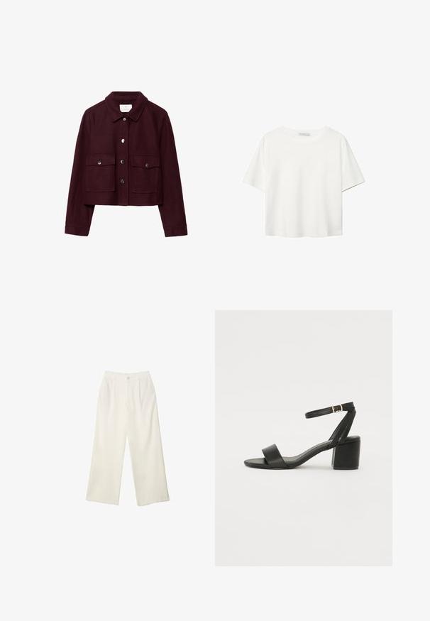 Burgundzka krótka kurtka wykonana z wełny, z wyprofilowanym kołnierzem, dwoma przednimi kieszeniami i srebrnymi napami na zapięciu.; Biała koszulka z krótkim rękawem, wykonana z bawełny. Posiada okrągły dekolt i luźny krój. Gładka faktura bez widocznych wzorów czy akcentów.; Spodnie z szerokimi nogawkami w kremowej tkaninie o gładkiej fakturze, z pojedynczym guzikiem z przodu, subtelnymi plisami i wysokim stanem.; Czarne sandały na obcasie z gładkiej skóry, z odkrytymi palcami, szerokimi przednimi paskami oraz regulowanym paskiem na kostkę z detalem w postaci złotego zapięcia.