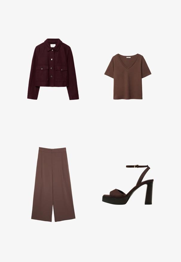 Burgundska kratica jakna iz volne, z izbočeno ovratnikom, dvema sprednjima žepoma in s srebrnimi gumbčki na zadrgi.; Rjava bombažna majica s kratkimi rokavi in globokim V-izrezom. Preprost dizajn, mehak material in raven rob. Brez vzorcev ali dekorativnih elementov.; Rjave široke hlače z gladko teksturo, ki imajo visok pas in sprednje naborke. Tkanina je lahka in prosto pada.; Rjave semiš sandale z visoko peto, odprto spredaj, z nastavljivim gležnjenjem in črtastim podplatom.