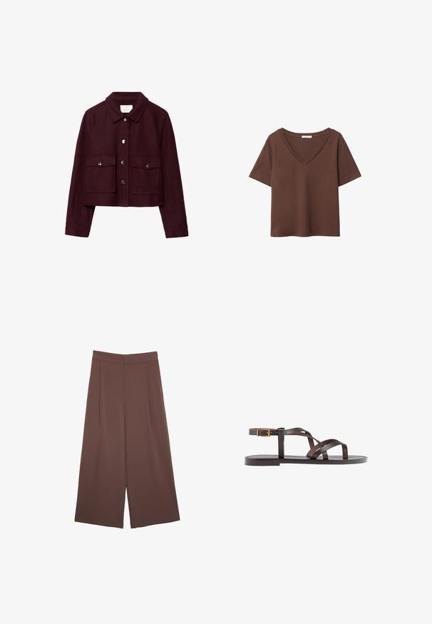 Burgundy kort jacka i ull, med spetsig krage, två framfickor och silverfärgade tryckknappar på knäppningen.; Brun bomulls t-shirt med korta ärmar och djup V-ringning. Enkel design, mjuk textur och rak fåll. Inga mönster eller dekorationer.; Bruna vida byxor med en slät textur, som har hög midja och framfickor. Tyget är lätt och flödar löst.; Bruna lädersandaler med korsade remmar, spänne runt vristen och en platt sula med minimala sömnadsdetaljer.