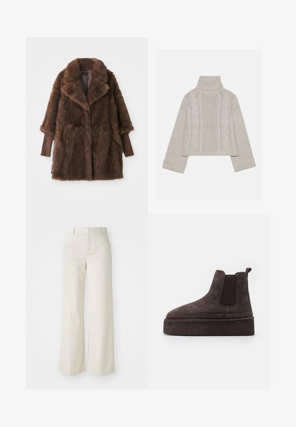 Brun kunstig pelsfrakk med stor krage, to frontlommer og ribbede brune mansjetter. Myk, luksuriøs tekstur og midtlengde design.; Kuttet, lys grå strikkegenser med høy krage og ribbede mansjetter, med teksturerte kabelmønstre nedover baksiden og sidene.; Bredde bukser i en lys beige farge, laget av et glatt stoff. Har en klassisk linning og flat front med rene linjer.; Brune sømde Chelsea støvler med elastiske sidepaneler og en tykk, teksturert plattformsåle. Har en pull-tab bak for enkel påføring.
