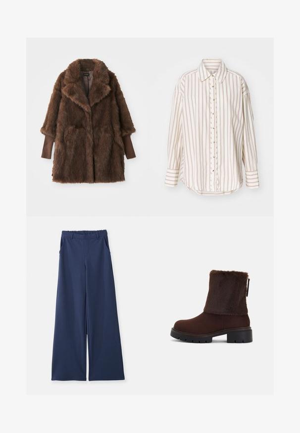 Cappotto in pelliccia sintetica marrone con un ampio colletto, due tasche frontali e polsini a coste marroni. Texture morbida e pelosa, design di lunghezza media.; Camicia a righe in crema e marrone chiaro, con chiusura a bottoni sul davanti, colletto e maniche lunghe con orlo leggermente curvo.; Pantaloni a gamba larga blu navy con vita elasticizzata, passanti per cintura e tasche laterali, mostrati piatti su uno sfondo bianco.; Stivale alla caviglia marrone con un fascio di morbida pelliccia sintetica, tacco a blocco e suola in gomma texturizzata. Chiusura con zip laterale e dettaglio cucito attorno alla base.