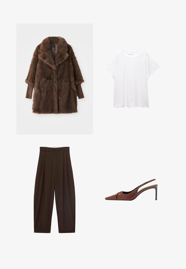 Palton din blană sintetică maro cu o guler mare, două buzunare frontale și manșete din tricot maro. Textură moale și pufoasă, cu un design de lungime medie.; Tricou alb dintr-un material moale și ușor. Prezintă un decolteu rotund și mâneci scurte, largi, cu un croi lejer. Fără modele vizibile.; Pantaloni maronii cu talie înaltă, cu pliuri, confecționați dintr-un material neted. Croi lejer, model cu picior drept, având bucle pentru curea și închidere cu fermoar.; Sandale cu toc din piele maro, cu vârf ascuțit, detaliu decupat la vamp și un toc stiletto elegant. Textură netedă.