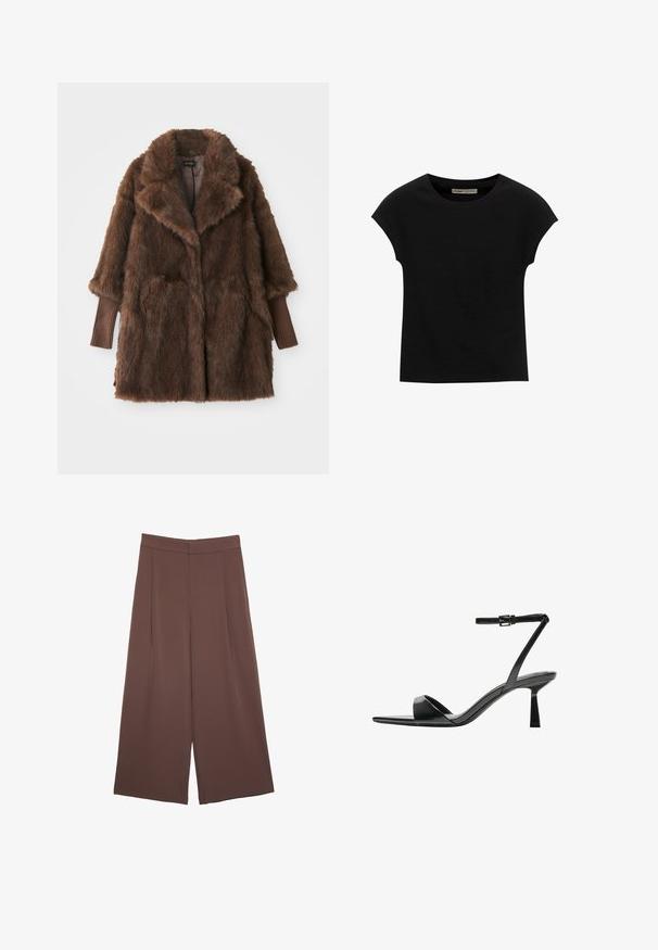 Cappotto in pelliccia sintetica marrone con un ampio colletto, due tasche frontali e polsini a coste marroni. Texture morbida e pelosa, design di lunghezza media.; T-shirt nera a maniche corte realizzata in tessuto morbido, con scollatura rotonda e vestibilità comoda, caratterizzata da una texture liscia e senza pattern.; Pantaloni ampi marroni con una texture liscia, caratterizzati da una vita alta e pieghe frontali. Il tessuto è leggero e scorre liberamente.; Bershka Sandali con tacco - black