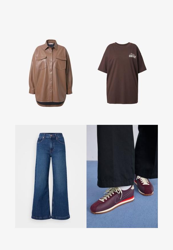 Hnědá koženka košile s dvěma náprsními kapsami, zapínáním na knoflíky a zakulaceným lemem. Má uvolněný střih a dlouhé rukávy.; Hnědé oversized bavlněné tričko s krátkým rukávem, na přední straně s bílým nápisem "Pátek KÁVY". Jednoduchý design, pohodlný střih.; Široké džíny z denimu v tmavě modré barvě, s vysokým pasem, designem s pěti kapsami a ohrnutými lemy. Hladká textura s jemnými švy.; Bordové a krémové sportovní boty s kombinací semiše a hladkého materiálu, se kontrastním červeným akcentem, bílými šňůrkami a texturovanou podrážkou.