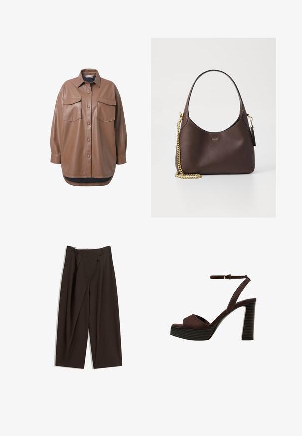 Ruskeaa tekonahkaa olevat paita takki kahdella rintataskulla, napillinen etuaukko ja pyöristetty helma. Ominaisuuksiin kuuluu rento istuvuus ja pitkät hihat.; Bordo neulepaita, jossa on pyöreä kaula-aukko, pitkät hihat ja lyhennetty malli. Pehmeä tekstuuri ja ribbireunukset kauluksessa.; Tummanruskeat leveälahkeiset housut, joissa on korkea vyötärö, yhden napin sulkea ja pleatattu etuosa. Valmistettu kevyestä kankaasta.; Ruske kožne sandale s visokom potpeticom, otvorenim prstima, podesivim kopčanjem oko gležnja i prugastim platformskim đonom.; COACH BROOKLYN SHOULDER BAG 23 - Käsilaukku - maple
