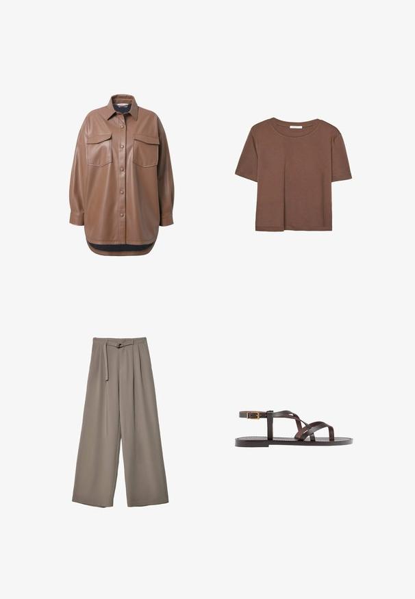 Ruskeaa tekonahkaa olevat paita takki kahdella rintataskulla, napillinen etuaukko ja pyöristetty helma. Ominaisuuksiin kuuluu rento istuvuus ja pitkät hihat.; Kahvinsävyinen lyhythihainen t-paita, joka on valmistettu pehmeästä kankaasta. Pyöreä pääntie ja rento malli. Ei näkyviä kuvioita tai koristeita.; Suurille lahkeille housuille pehmeässä, hillityssä harmaassa kankaassa, jossa on vyötäröllä vyö ja lisää muotoilun yksityiskohtia kuploissa. Sileä rakenne, ei kuvioita.; Ruske kožne sandale s križnim trakama, zatvaranjem na kopču oko gležnja i ravnim potplatom s minimalnim detaljima šivanja.