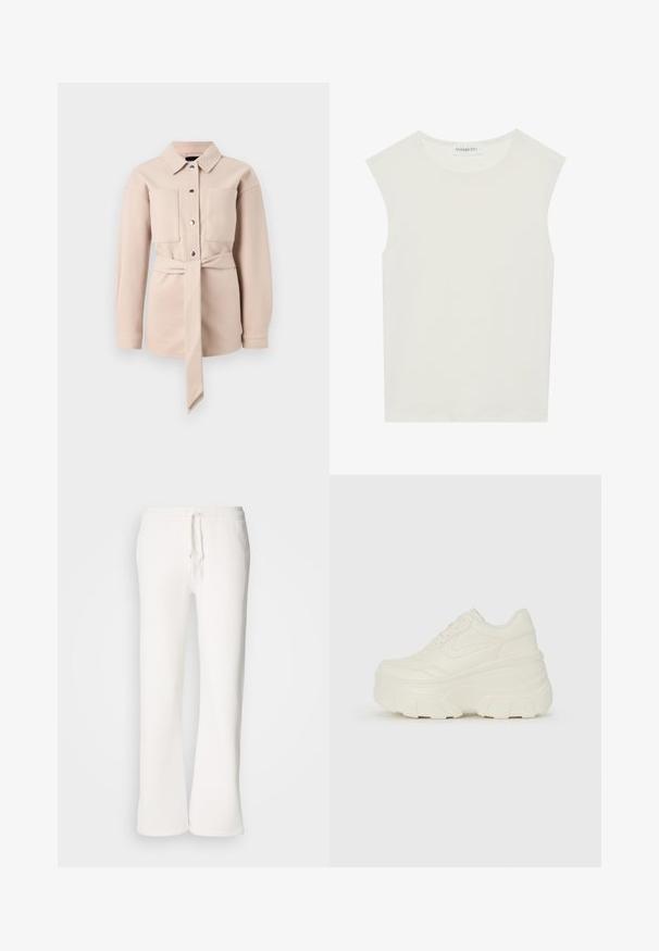 Šviesiai smėlinės spalvos marškiniai su diržu, apskritu apykakle, priekyje mygtukų uždarymu, dviem krūtinės kišenėmis ir ilgomis rankovėmis. Lygus paviršius, minimalistinis dizainas.; Balta be rankovių palaidinė su apvaliu kaklu. Pagaminta iš lygios medžiagos, ji turi laisvą siluetą ir minimalistinį dizainą. Be raštų ar akcentų.; Baltos, laisvo kirpimo sportinės kelnės, pagamintos iš minkštos medžiagos, su elastinga juosmens dalimi ir raišteliu, tiesių kojų kirpimu.; Baltos platformos sportbačiai su lygiu odos primenančiu paviršiumi, apvalia forma, paminkštintu apykakle ir tekstūruotu guminiu padu su ryškiais protektoriais.