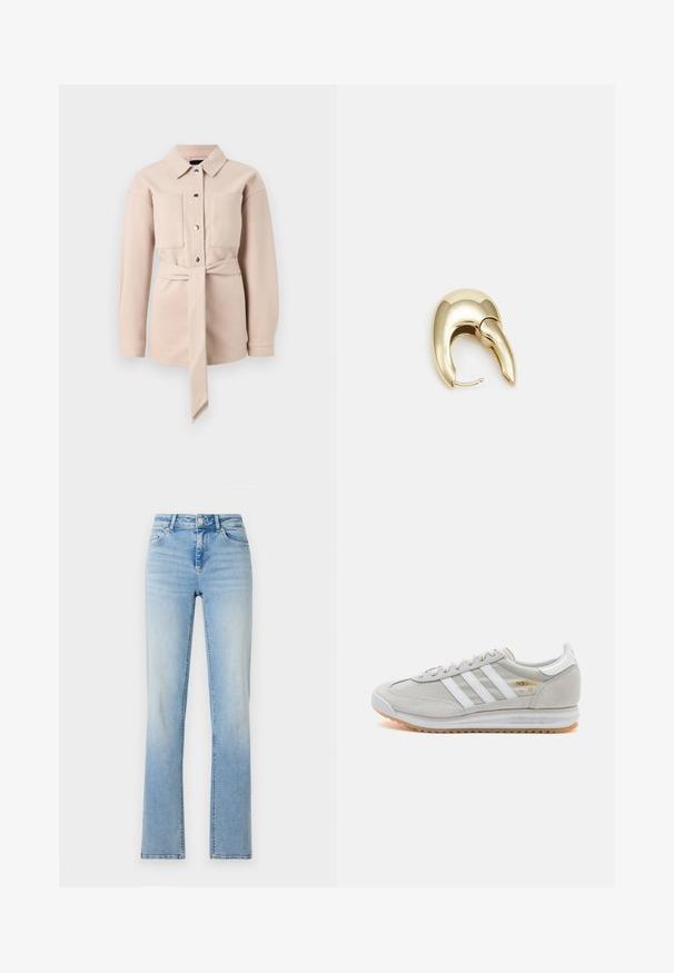 Világos bézs övvel ellátott ing galléros nyakkal, elülső gombos záródással, két mellzsebbel és hosszú ujjakkal. Simogatott textúra, minimalista dizájn.; Krém színű, vállig érő bordázott felső, fodros nyakkivágással és hosszú ujjakkal, testhez simuló fazonban. Az anyagának általánosan sima textúrája van.; Világoskék farmernadrág magas derékkal, egyenes szárú szabással és enyhe kopással. Öt zsebbel és övhurkokkal rendelkezik.; Világosszürke sportcipő velúr és hálós anyagból, három fehér csíkkal, kerek orral és gumi talppal. Arany logó dísz a fűzők közelében.; Aranyszínű fém fülbevaló, elegáns, ívelt formával. Különleges hegyes alak, fényes felszín és zsanéros záródás jellemzi.