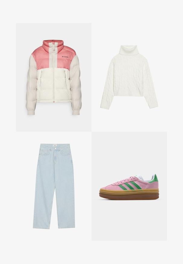 Columbia pūkainas jaka ar rozā un baltu krāsu bloku dizainu, ar rāvējslēdzēja priekšējām kabatām, augstu apkakli un elastīgām aprocēm. Gluda tekstūra.; Balta adīta turtleneka džemperis ar īsu siluetu, ar ribotām piedurknēm un apakšmalu. Mīksta tekstūra ar ērti, masīvu dizainu.; Gaiši zilas platās kājas džinsi, kas izgatavoti no denima, ar vidēju jostas augstumu, piecām kabatām un pogas aizdari ar šauru metāla akcentu.; Rozā zamša kedas ar zaļām svītrām, baltām akcentiem un brūnu gumijas zoli. Izstrādātas ar teksturētu audumu un logotipa detaļām sānos.