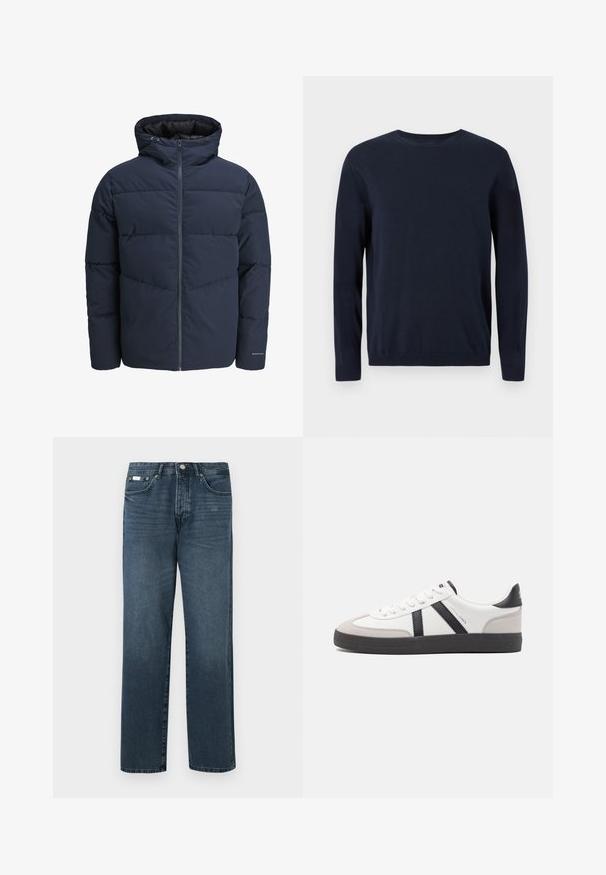 Giacca a vento blu navy con cappuccio, chiusura con zip e motivo a zig-zag. Realizzata in tessuto testurizzato con polsini elasticizzati e dettaglio del logo.; Maglione lavorato a maglia blu navy con maniche lunghe, scollatura a girocollo e polsini e orlo a coste. Presenta un piccolo logo sul petto.; Jeans in denim blu scuro con vestibilità dritta, cinque tasche, passanti per cintura e zip frontale. Tessuto liscio con dettagli di sfumatura discreti.; Sneaker bianco con accenti neri e grigi, dotata di una punta grigia testurizzata, suola in gomma nera e lacci bianchi piatti. Design pulito, stile minimalista.