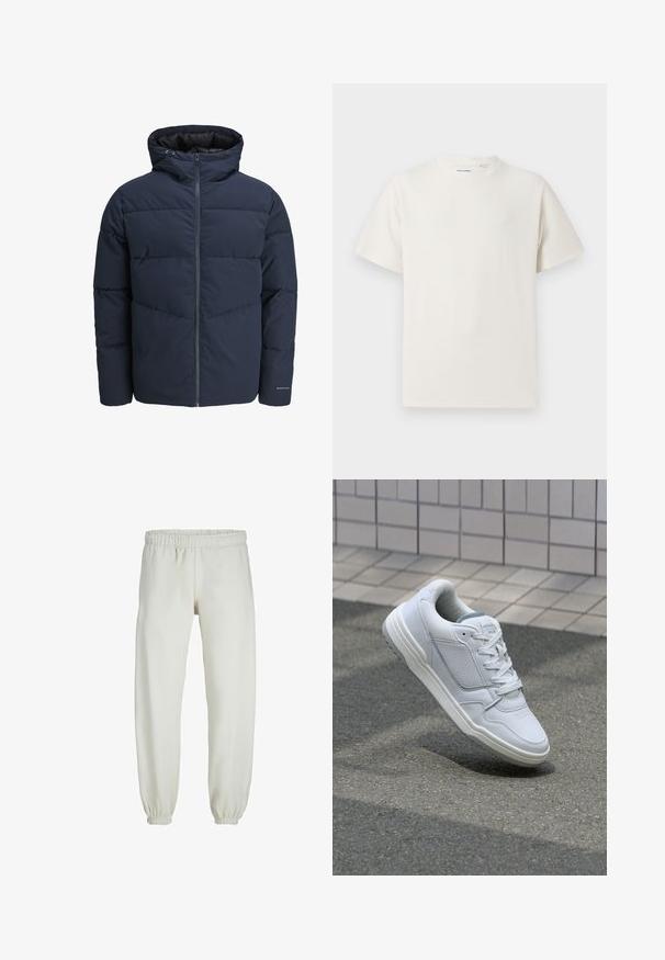 Marineblå pufferjakke med hætte, lynlås foran og chevron syning mønster. Lavet af tekstureret stof med elastiske manchetter og logo detaljer.; Hvid kortærmet T-shirt i ribbet tekstur. Rund halsudskæring, løs pasform, ingen synlige mønstre eller accenter. Enkel og alsidig design.; Hvide sweatpants lavet af blødt stof, med elastisk talje og håndled, der har en glat tekstur og løs pasform.; Hvide lædersneakers med perforerede sider, teksturerede detaljer, flade snørebånd og en kontrasterende grå hæl. Har en let forhøjet sål.