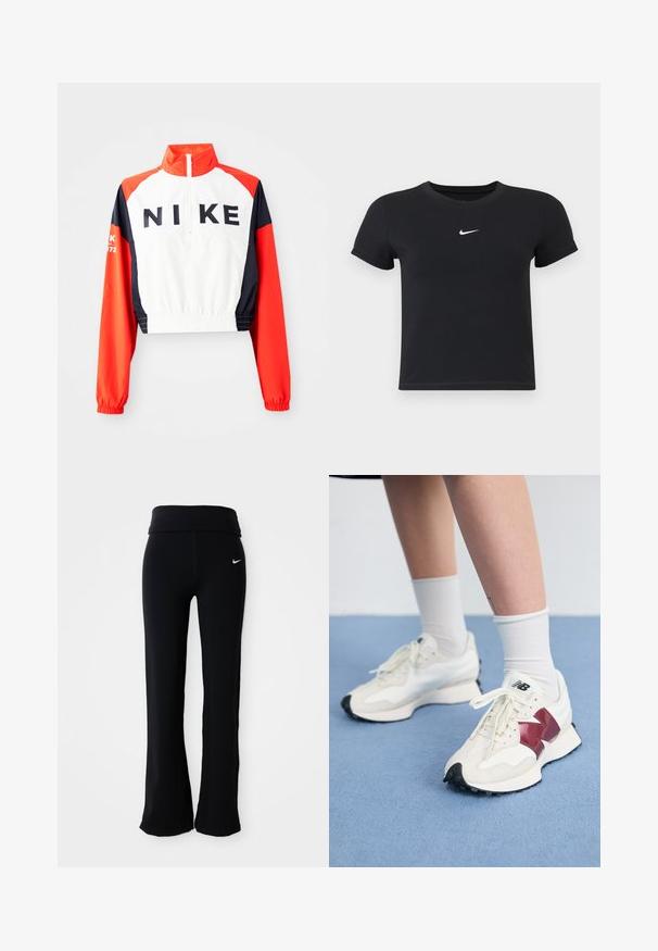 Lühi Nike jakk kõrge kraega, valge kehaga, punaste ja navy siniste varrukatega, must logo ees, elastne vöökoht ja mansetid, sportlik disain.; Must have lühikeste varrukatega must t-särk, mis on valmistatud puuvillast ja millel on ümar kaelus. Ees on valge Nike logo, minimaalne disain ja sobiv kuju.; Mustad mustad spordipüksid, laiade kummivöödega, valmistatud siledast ja venivast materjalist. Ühel puusal on väike valge Nike logo.; Valge tenniste paar marooni aktsentide, tekstuuriliste paneelide, lame musta tallaga ja heleda nööriga, kantud valgete pahkl sockidega.