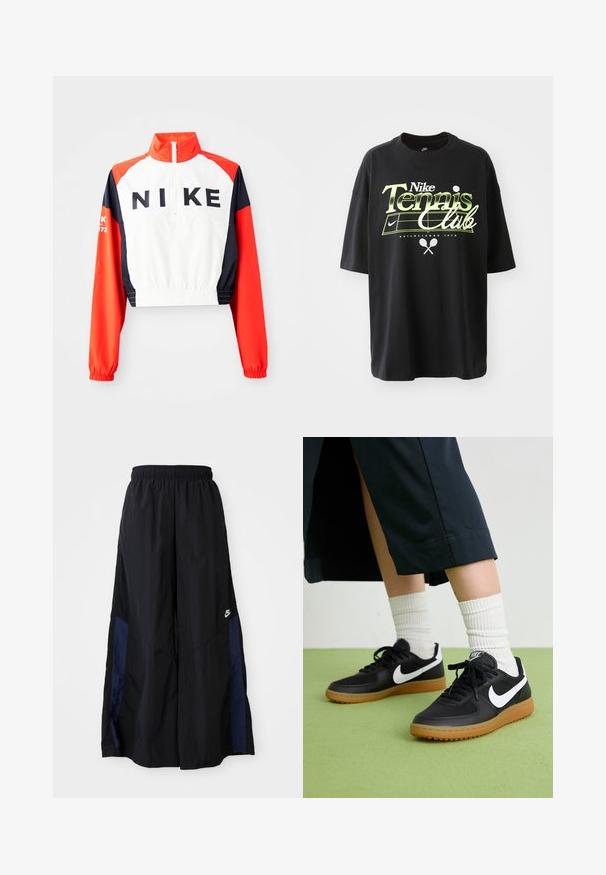 Jachetă Nike scurtată cu guler înalt, corp alb, mâneci roșii și bleumarin, logo negru pe față, talie și manșete elastice, design sportiv.; Tricou din bumbac negru cu mâneci scurte, având un grafic verde și alb cu inscripția "Nike Tennis Club", ilustrații cu o minge de tenis și o rachetă.; Pantaloni negri cu croi larg, confecționați dintr-un material ușor, având un panou lateral albastru marin și un brâu elastic. Logo mic alb în partea de jos.; Sneakers negre din piele și material sintetic cu logo-ul alb Nike, talpă din cauciuc, vârful rotund și șireturi negre. Șosete albe cu nervuri vizibile.