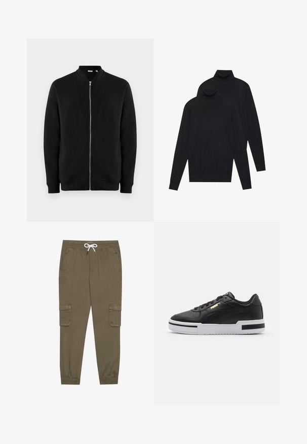 Sort zip-up sweatshirt med ståkrave, ribbede manchetter og en glat tekstur. Har en sølvfarvet lynlås og ingen synlige mønstre.; To sorte langærmede turtleneck-trøjer, ensfarvede strikkede, stablet med den ene lidt bag den anden på en hvid baggrund.; Khaki cargo bukser med elastisk linning og snor, med sidelommer og manchetter ved anklerne. Fremstillet af et tekstureret, let materiale.; Sort lædersneaker med hvid mellemsål, perforeret tå, guld logo detalje, polstret krave og kontrasterende sorte accenter på siden.