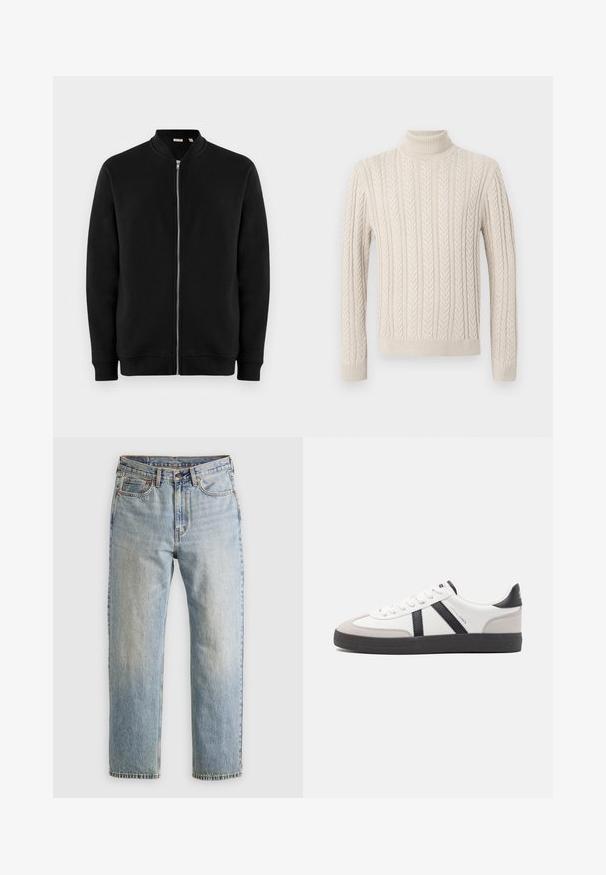 Sudadera negra con cremallera y cuello alzado, puños acanalados y una textura suave. Presenta una cremallera plateada y sin patrones visibles.; Suéter beige de punto con alto cuello de tortuga acanalado. Presenta un patrón de cable texturizado y puños y dobladillo acanalados, ofreciendo una apariencia acogedora.; Jeans de mezclilla azul claro de cintura alta, con botón frontal, cremallera y diseño de cinco bolsillos, dispuestos sobre un fondo neutro.; Zapatilla blanca con acentos en negro y gris, que presenta una puntera texturizada en gris, suela de goma negra y cordones planos blancos. Diseño limpio, estilo minimalista.