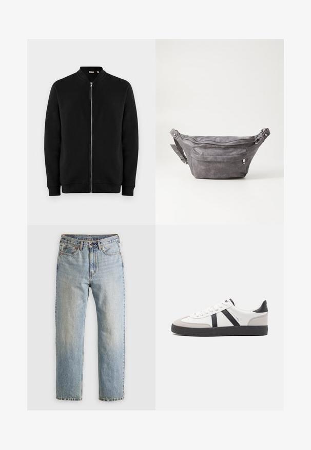 Crna dukserica sa zipom, stojećim ovratnikom, rebrastim manžetama i glatkom teksturom. Ima srebrni zatvarač i nema vidljivih uzoraka.; Tamnozeleni dukserica od mekog materijala, s kengur džepom, podešavanjima na kapuljači i bijelim logotipom na lijevoj strani prsnog područja.; Svijetloplave traperice visoki struk, prednji gumb, zatvarač i dizajn s pet džepova, položene ravno na neutralnoj pozadini.; Bijele tenisice s crnim i sivim detaljima, s teksturiranim sivim zaštitnikom prstiju, crnim gumene potplate i ravnim bijelim vezicama. Čist dizajn, minimalistički stil.; Siva zamšasta torbica preko struka sa zaobljenim oblikom, dva zip zatvorena odjeljka i podesivim remenom. Sadrži metalne naglaske.