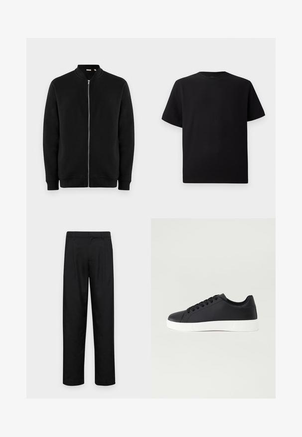 Svart zip-up sweatshirt med ståkrage, ribbade manschetter och en slät textur. Har en silverfärgad dragkedja och inga synliga mönster.; Svart kortärmad T-shirt gjord av texturerad tyg, med rund halsringning och avslappnad passform. Enkel, utan mönster eller detaljer.; Svarta byxor i slät väv, med rak ben-design, två framfickor och standardmidja med bälteshällor.; Pier One UNISEX - Sneakers - black