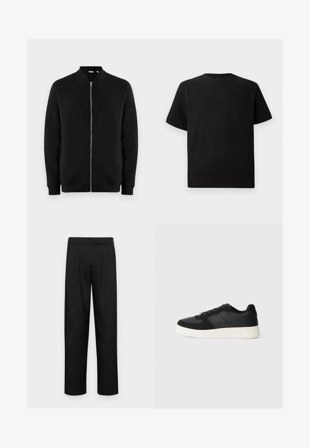 Sweatshirt preto com fecho éclair, gola de pé, punhos canelados e uma textura suave. Apresenta um fecho em prata e sem padrões visíveis.; T-shirt preta de mangas curtas feita de tecido texturizado, com decote redondo e um corte descontraído. Simples, sem padrões ou detalhes.; Calças pretas feitas de tecido suave, com um design de perna reta, dois pregas frontais e uma cintura padrão com passantes para cinto.; Fivela preta de cano baixo com pele texturizada e painéis de camurça, sola de borracha branca e atacadores pretos, em fundo claro liso.