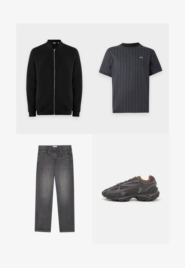 Sudadera negra con cremallera y cuello alzado, puños acanalados y una textura suave. Presenta una cremallera plateada y sin patrones visibles.; Camiseta negra de manga corta con un patrón geométrico y un logo de cocodrilo verde, con un cuello redondo negro sólido.; Jeans de mezclilla gris oscuro con corte recto, que cuentan con cinco bolsillos, un cierre frontal con botón y un ligero desgastado en la tela.; Zapatillas Lacoste en gris oscuro con material de malla y sintético, que cuentan con una suela texturizada y detalles en marrón en el cuello y la marca.