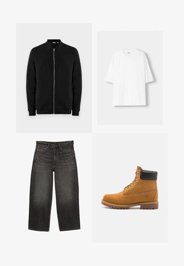 Črni zadrgo zapiran pulover z visokim ovratnikom, rebrastimi manšeti in gladko teksturo. Ima srebrno zadrgo in brez vidnih vzorcev.; Bela kratka majica s kratkimi rokavi iz bombaža, s krožnim izrezom in sproščenim krojem. Gladka tekstura, brez vidnih vzorcev ali poudarkov.; Črne široke jeans hlače iz denima z sprednjimi žepi, zankami za pas in gumbom za zapiranje, z blagim bledenjem in gubami.; Svetlo rjave anklne čizme iz semiša z črnim oblazinjenim ovratnikom, zlatimi kovinskimi očesci, belimi šivi in robustnim gumijastim podplatom s izrazitimi tredi.