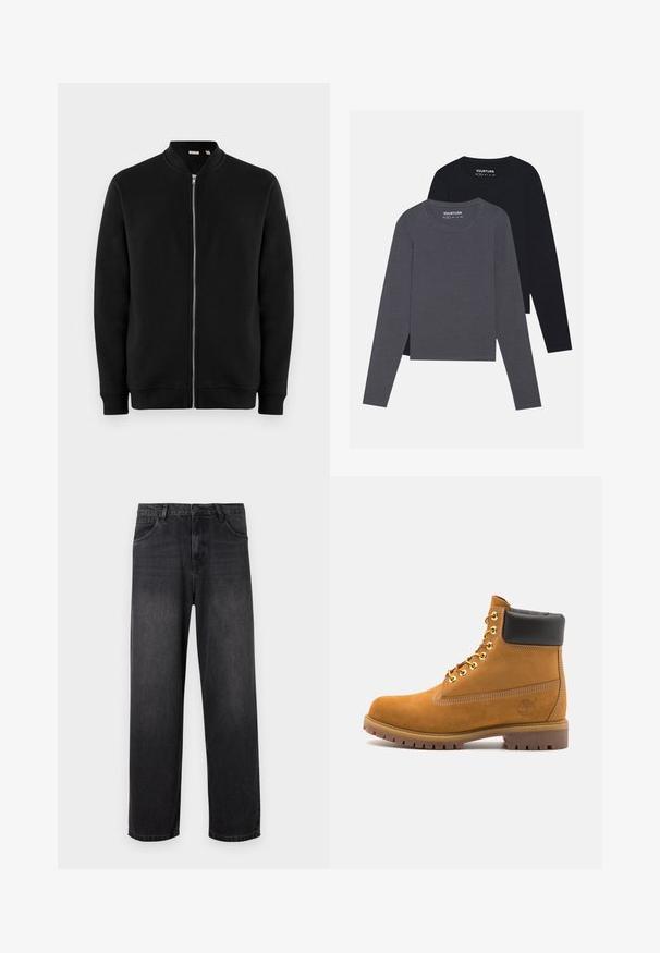 Melnā apģērba jaka ar rāvējslēdzēju, stāvošu apkakli, ribbētām piedurknēm un gludu tekstūru. Satur sudraba rāvējslēdzēju un bez redzamām rakstainām detaļām.; YOURTURN 2 PACK UNISEX - Tops ar garām piedurknēm - dark grey/black; Tumši pelēki džinsi ar taisnu kāju dizainu, ar rāvējslēdzēja aizdari, piecām kabatām un smalkiem izbalējumu elementiem uz auduma.; Brūna zamša potīte ar melnu izšuvumu ap kaklu, zelta metāla acu caurumi, balta šuvju apdare un izturīgs gumijas zole ar izteiktu zīmējumu.