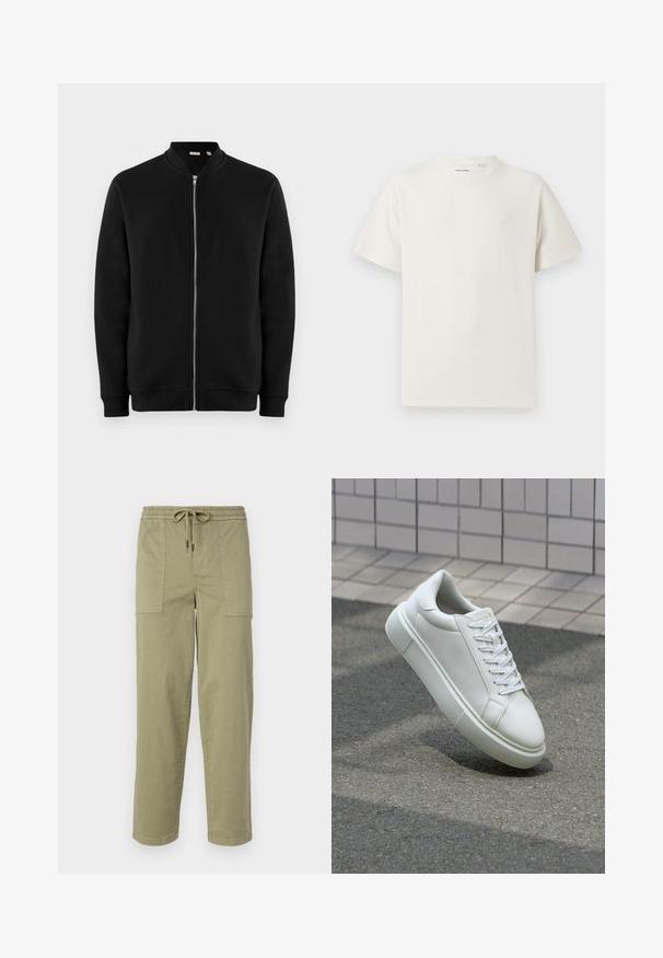 Sweatshirt preto com fecho éclair, gola de pé, punhos canelados e uma textura suave. Apresenta um fecho em prata e sem padrões visíveis.; T-shirt branco de manga curta em textura canelada. Gola redonda, ajuste descontraído, sem padrões ou detalhes visíveis. Design simples e versátil.; Calças verde-oliva claras feitas de um tecido de algodão misto, com um cós elástico com cordão e dois bolsos laterais grandes.; Tênis de couro branco com superfície lisa, bico redondo e cadarços brancos planos. Apresenta uma sola de borracha texturizada e elementos de design minimalistas.
