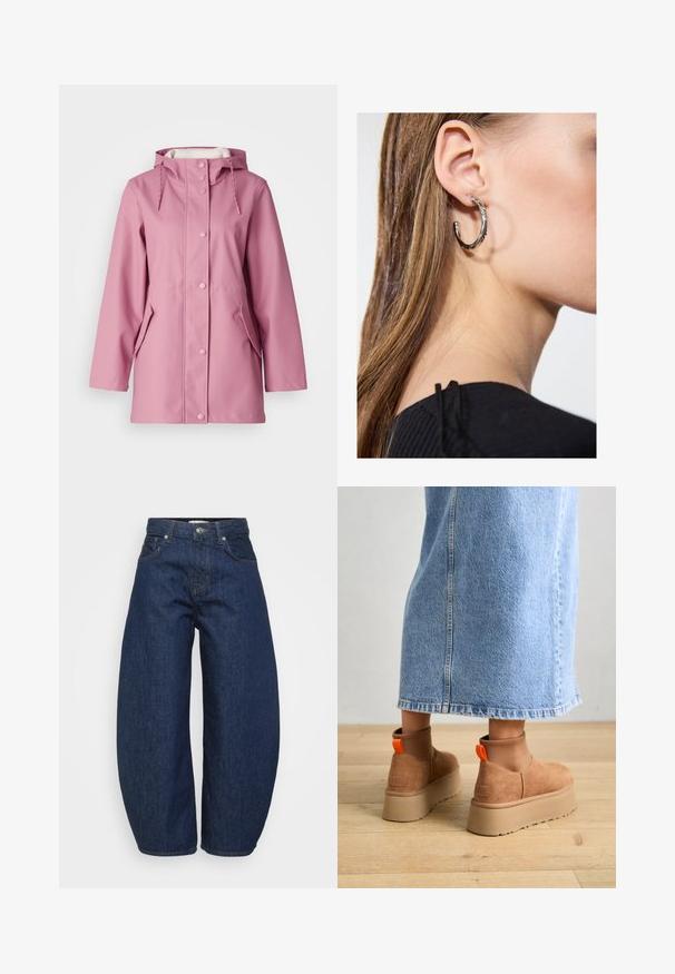 Rosa vattentät regnjacka med huva, tryckknappsstängning, två sidofickor och dragsnoddar vid halsen. Slät textur.; Even&Odd Petite 2 PACK - Linne - light grey/black; Mörkblå jeans i denim med en vid, avslappnad passform. Har dragkedja, fyra fickor och kontrasterande sömmar längs sömmarna.; Bruna mockakängor med plattform och elastiska sidopaneler samt orange dragflikar, till kombinerade med en knälång ljus denimkjol på ett trägolv.; Silverörhänge med polerad yta, med små detaljer i guld och rund form, bärs på loben.