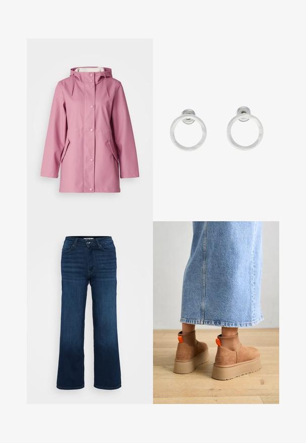 Rožinė vandeniui atspari lietpaltis su kapišonu, spaudžių užsegimu, dviem šoninėmis kišenėmis ir raišteliais kaklo srityje. Lygus paviršius.; Even&Odd Petite 2 PACK - Viršus - light grey/black; ONLY Petite ONLMADISON BLUSH WIDE - Platėjantys džinsai - dark blue denim; Rudos zomšiniai platforminiai batai su elastingomis šoniniais panirais ir oranžinėmis kilpomis, derinami su kelio ilgio šviesių džinsų sijonu ant medinių grindų.; Sidabriniai metaliniai auskarai žiedų pavidalu su šveitimo tekstūra, turintys apvalų dizainą ir skaidrų laikiklį saugiam dėvėjimui.