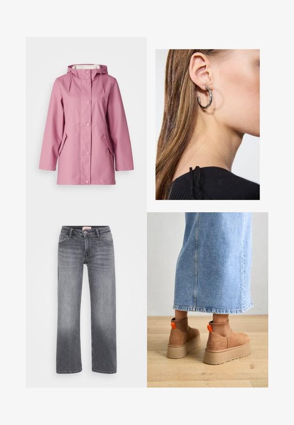 Roza nepremočljiva dežna jakna s kapuco, zapiranje na gumb, dvojna stranska žepa in vrvica pri vratu. Gladka tekstura.; Even&Odd Petite 2 PACK - Top - light grey/black; Sivi traper hlače s ravnim krojem, pet žepov, rahlo zbledelo in z gumbom za zapiranje pri pasu.; Rjave suede platform čizme z elastičnimi stranskimi paneli in oranžnimi zankami, v kombinaciji s svetlobno denim krilom do kolen na lesenem tleh.; Srebrna obročasta uhana s polirano površino, ki vključuje majhne zlate poudarke in okroglo obliko, nošena na ušesnem lobu.