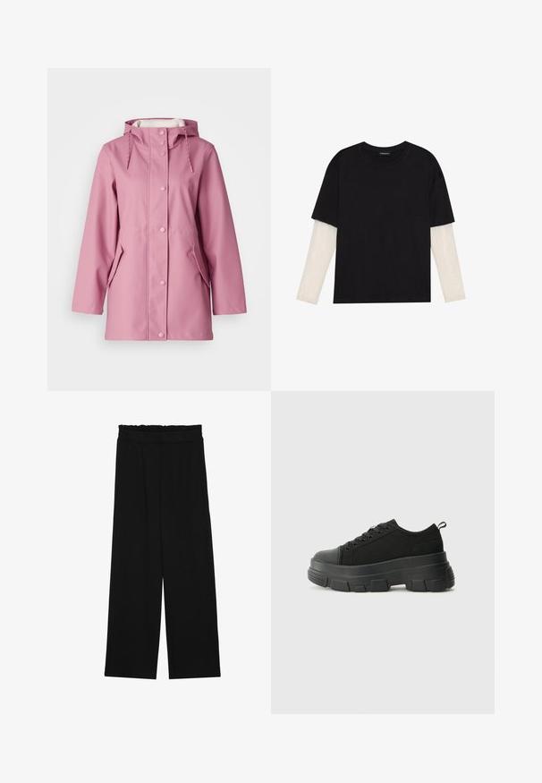 Chaqueta de lluvia impermeable rosa con capucha, cierre de botones a presión, dos bolsillos laterales y cordones en el escote. Textura lisa.; Camiseta negra de algodón, con mangas cortas sobre una capa blanca de manga larga con un patrón texturizado sutil. Diseño de escote redondeado.; Pantalones de pierna ancha negros con una cintura con volantes, que cuentan con dos bolsillos laterales y una tela suave y ligera. Sin patrones visibles ni accesorios.; Zapatillas negras con suela de goma gruesa, parte superior de tela texturizada, punta redonda y diseño con cordones. Presenta ojales reforzados y tirador en la parte trasera.