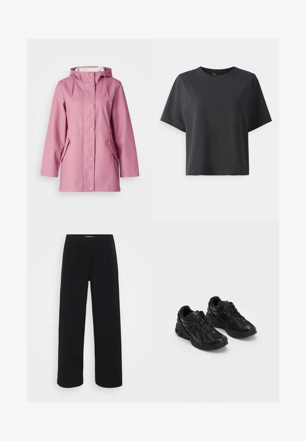 Roza nepremočljiva dežna jakna s kapuco, zapiranje na gumb, dvojna stranska žepa in vrvica pri vratu. Gladka tekstura.; Črna bombažna majica, kratki rokavi, krojeni ovratnik, sproščenega kroja, gladka tekstura, preprost dizajn, brez vzorcev ali dodatkov.; Črne široke hlače s elastičnim pasom. Narejene iz teksturiranega materiala, se ponašajo z ohlapnim krojem in ravnim rezom od kolkov do roba.; Črne športne čevlje, izdelani iz mrežaste in sintetične tkanine. Imajo oblazinjen podplat, teksturirane vzorce in vtisnjeno blagovno znamko na strani.
