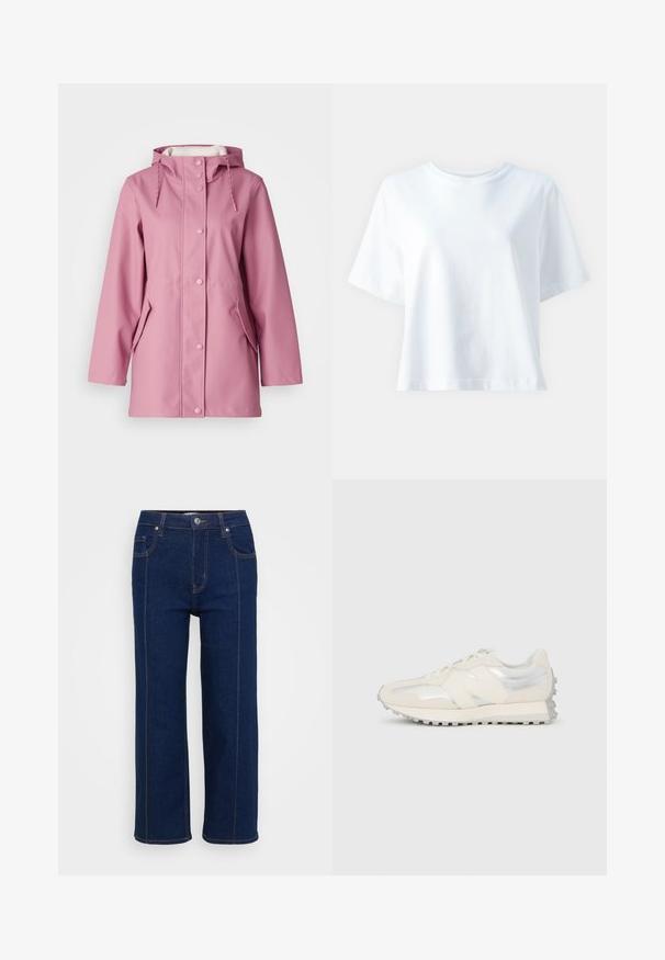 Rosa vattentät regnjacka med huva, tryckknappsstängning, två sidofickor och dragsnoddar vid halsen. Slät textur.; Vit bomullströja med rund hals, korta ärmar, avslappnad passform och slät textur. Inga mönster eller detaljer synliga.; Mörkblå raka jeans med knappstängning, fram- och bakfickor samt synlig orange söm längs sömmarna.; Lågprofil sneaker i kräm och silver med snören och texturerad sula, sedd från sidan mot en enfärgad vit bakgrund.