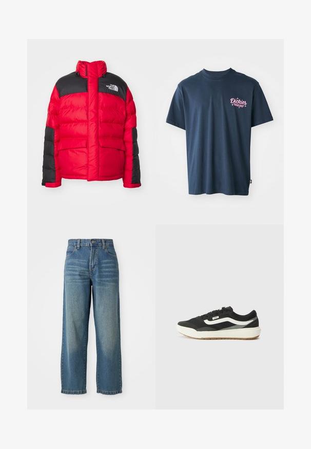 Raudona ir juoda pūkinė striukė su aukštu apykakliu, priekinėmis kišenėmis ir "The North Face" logotipu ant krūtinės.; Tamsiai mėlynas medvilninis marškinėliai su rožiniu spausdintu logotipu ant krūtinės, kuriame užrašyta "Dickies Quality Made Workwear". Trumpos rankovės, įprastas siluetas.; Šviesiai mėlyni džinsai plačiomis kojomis su aukštu liemeniu, penkiomis kišenėmis ir šiek tiek išblukusiu paviršiumi. Yra sagčių ir užtrauktuko uždarymas.; Juodi sportbačiai su baltais akcentais, turintys lygų sintetinį paviršių, apvalią formą ir guminius padus, derinami su šviesiais bežiniais keliais.