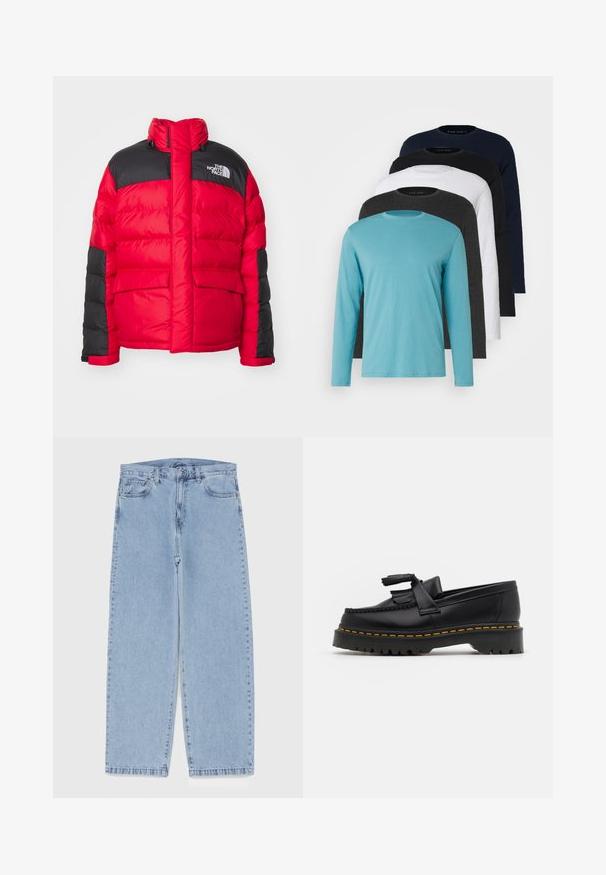 Giacca a vento rossa e nera con colletto alto, tasche frontali e logo "The North Face" sul petto.; Cinque magliette a maniche lunghe in fila: turchese, nera, bianca, grigio scuro e blu navy. Tessuto morbido con design a girocollo e vestibilità standard.; Jeans in denim azzurro chiaro con design a gamba dritta, caratterizzati da una vita media, cinque tasche e chiusura con bottone e zip.; Mocassino in pelle nera con un'accento a frange, dotato di una suola nera spessa e cuciture gialle lungo il bordo. Finitura testurizzata.