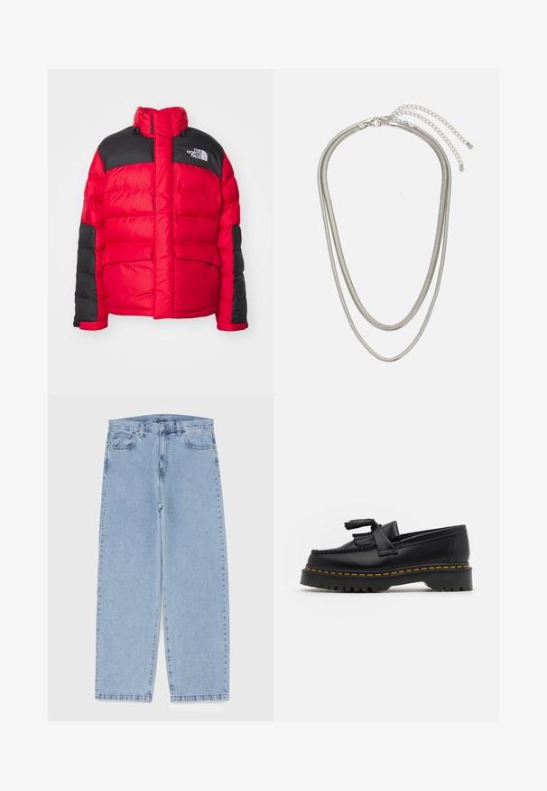 Sarkans un melns pūkains mētelis ar augstu apkakli, priekšējām kabatām un "The North Face" logo uz krūtīm.; Pieci garie piedurkņu T-krekli rindā: tirkīza, melna, balta, tumši pelēka un jūras zila. Mīksts audums ar apaļu kakla izgriezumu un standarta piegriezumu.; Gai zila džinsu bikses ar taisnu kāju dizainu, kas piedāvā vidēju vidukļa augstumu, piecas kabatas un pogas un rāvējslēdzēja aizdari.; Melnas ādas mokasīni ar pērlītēm uzsvaru, ar masīvu melnu zoli un dzeltenu šuvumu gar malu. Ar teksturētu apdari.; Trīslīmeņu sudraba metāla kaklarota ar gludām, elastīgām ķēdēm, kas spīd, droši piestiprināta ar omā uzgali un regulējamu ķēdi.