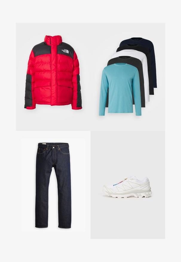 Červená a čierna zateplená bunda s vysokým golierom, prednými vreckami a logom "The North Face" na hrudi.; Päť tričiek s dlhým rukávom v rade: tyrkysová, čierna, biela, tmavošedá a námornícka modrá. Mäkká látka s kruhovým výstrihom a štandardným strihom.; Tmavomodré denimové džínsy s rovnými nohavicami, oranžovým prešívaním a štýlom piatich vreciek s kovovým zapínaním na gombík.; Biele športové topánky s textúrovaným sieťovinovým zvrškom, reflexnými akcentmi a odpruženou podrážkou. Výrazné logo značky na boku.