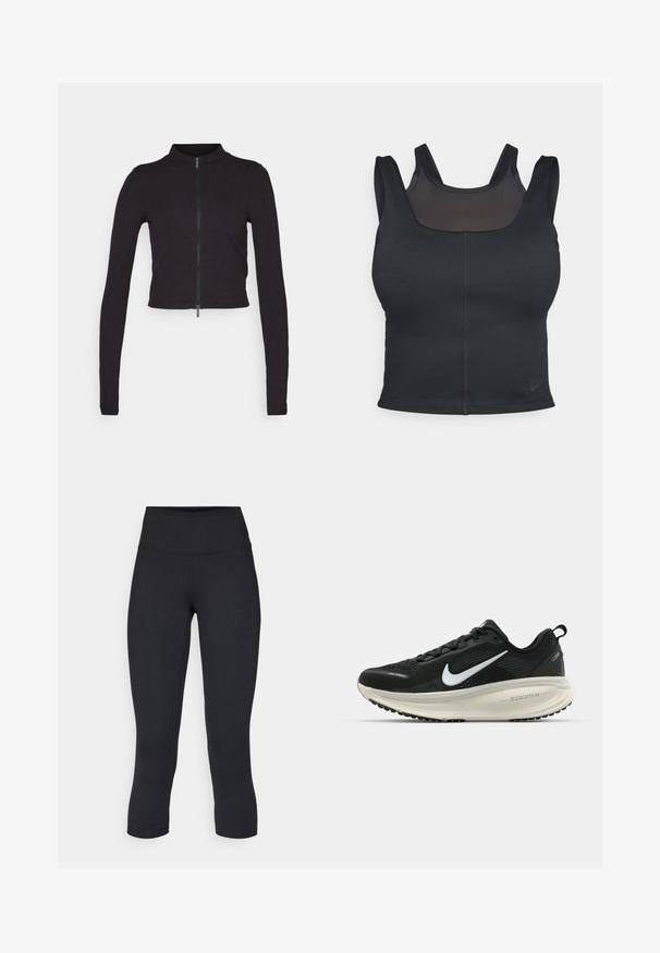Giacca nera corta con maniche lunghe, dotata di colletto alto e chiusura con zip frontale. Realizzata in un tessuto liscio e elastico.; Bra sportivo nero con design aderente, spalline larghe e sovrapposizione in rete sul davanti. Texture liscia e cuciture minime. Logo Nike sulla parte inferiore.; Leggings cropped neri realizzati in tessuto elasticizzato, con vita alta e texture liscia, senza motivi o componenti visibili.; Scarpa da corsa nera Nike con tomaia in rete traspirante, logo Swoosh bianco, dettagli testurizzati e intersuola ZoomX di colore crema.