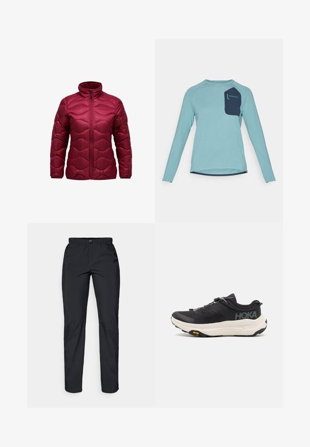 Veste matelassée bordeaux avec un col haut, fermeture éclair sur le devant et un design en vagues piquées. Fabriquée en matériau léger et brillant.; Chemise à manches longues en tissu texturé bleu clair. Présente une poche navy avec logo. Encolure ronde et design à ourlet incurvé.; Pantalons noirs, légers et résistants à l'eau avec une taille élastique et deux poches latérales ; texture lisse ; design à jambe droite.; Baskets de sport noires avec une tige en mesh respirant, une semelle en caoutchouc, un intermédiaire de coussin en blanc et des lacets réfléchissants. Logo Vibram sur la semelle.