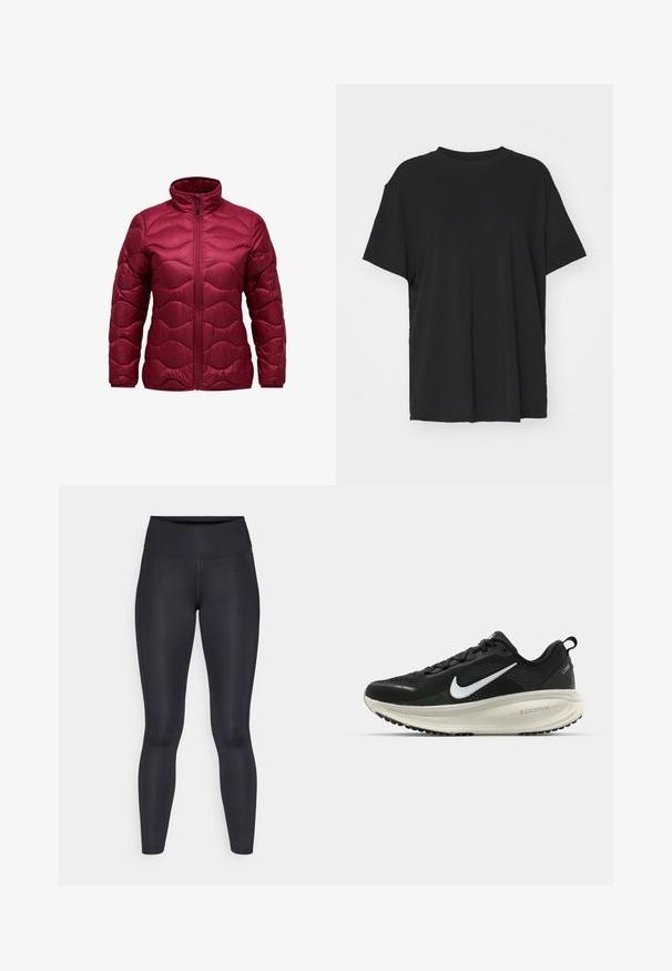 Burgunderfarbene gepolsterte Jacke mit hohem Kragen, frontalem Reißverschluss und einem gesteppten Wellen-Design. Hergestellt aus glänzendem, leichtem Material.; Schwarzes T-Shirt mit kurzen Ärmeln aus glattem Stoff, mit Rundhalsausschnitt und lockerer Passform. Verfügt über seitliche Schlitze für zusätzlichen Komfort und Atmungsaktivität.; Schwarze Leggings aus glattem, dehnbarem Stoff. Hoher Bund ohne sichtbare Muster oder Akzente. Enganliegend von der Taille bis zu den Knöcheln.; Schwarzer Nike-Laufschuh mit atmungsaktivem Mesh-Obermaterial, weißem Swoosh-Logo, strukturierten Details und einer cremefarbenen ZoomX-Zwischensohle.